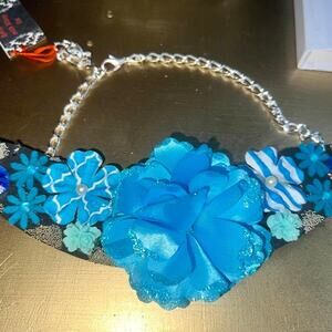 Statement necklace.  Sky blue and turquoise with pearl and rhinestones